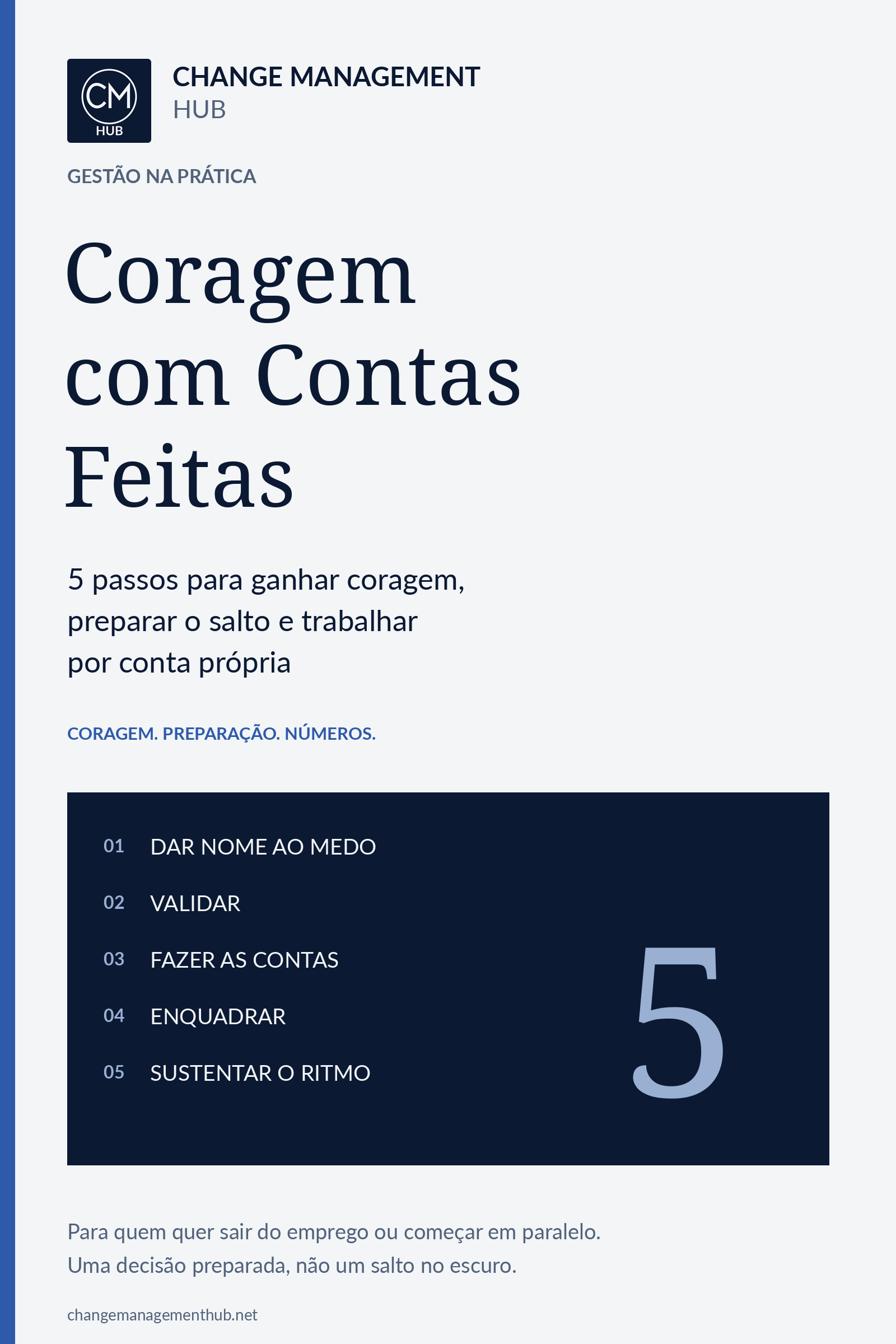 Capa do ebook Coragem com Contas Feitas, da Change Management Hub, em azul-marinho, branco e azul.