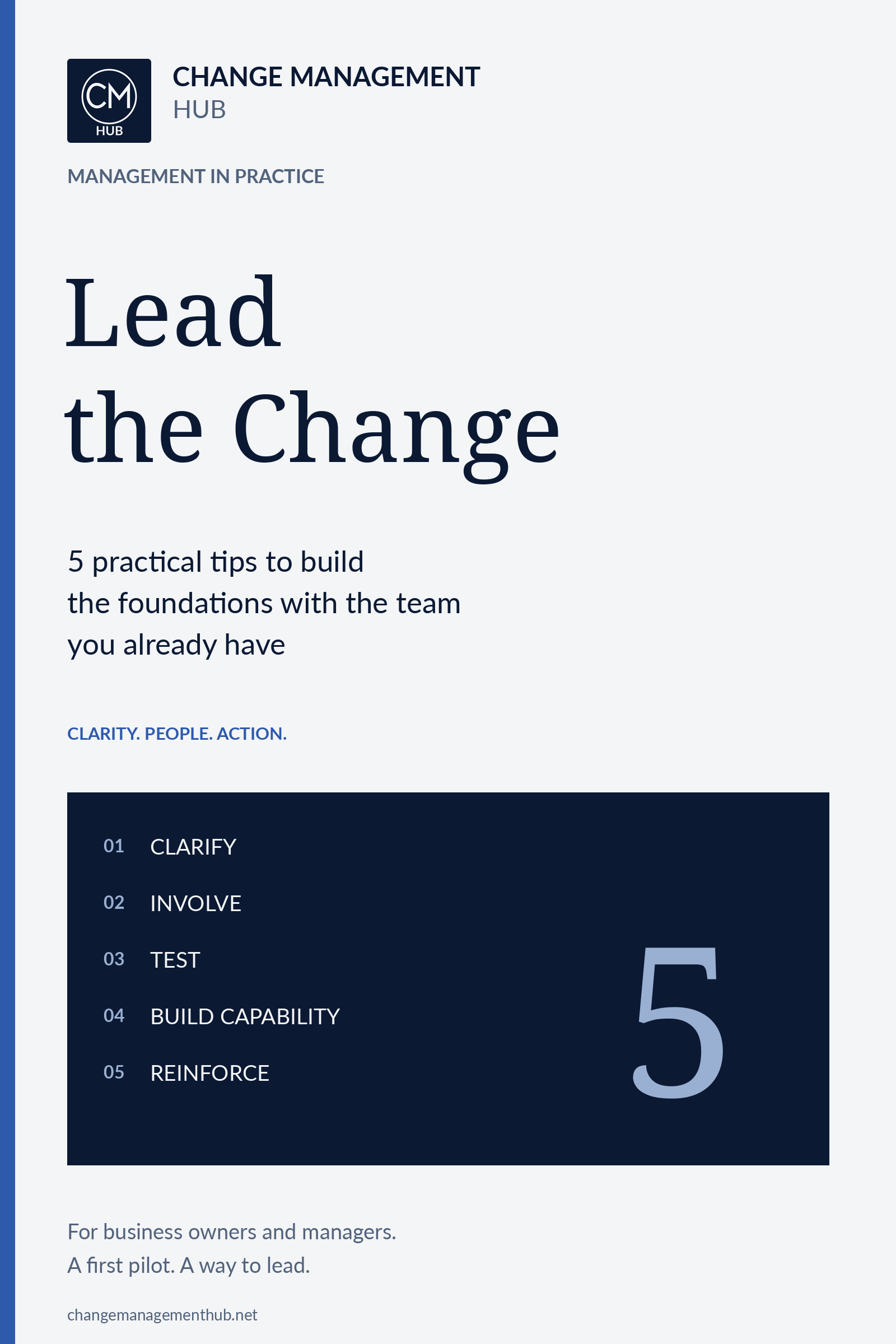 Original cover of Lead the Change by Change Management Hub, in navy, paper white and blue.