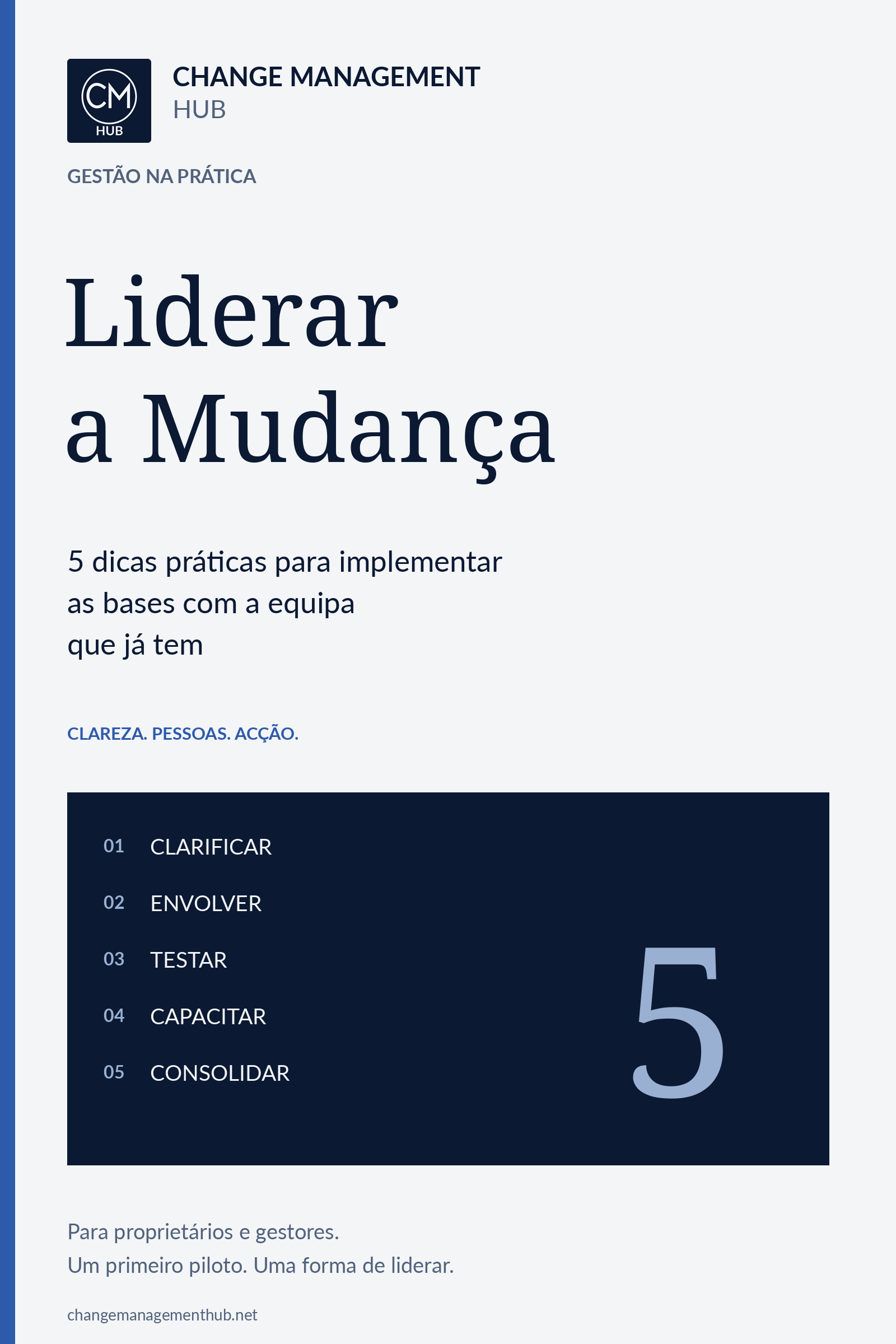 Capa original do ebook Liderar a Mudança, da Change Management Hub, em azul-marinho, branco e azul.